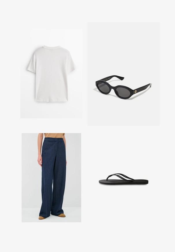 Wit katoenen T-shirt met korte mouwen, een ronde hals en een gladde textuur. De achterkant is effen zonder extra patronen of ontwerpen.; Wijde broekspijpen gemaakt van donker denim. Heeft een hoge taille en strakke lijnen, gecombineerd met bruine instappers.; Zwarte flip-flop met een gestructureerde rubberen zool, twee slanke banden en een subtiele, ingedrukte logo-detail op de band.; Zwarte ovale zonnebril met donkere glazen en een glanzend kunststof frame. Heeft een gouden logo op de poot, dat een strakke en moderne uitstraling biedt.