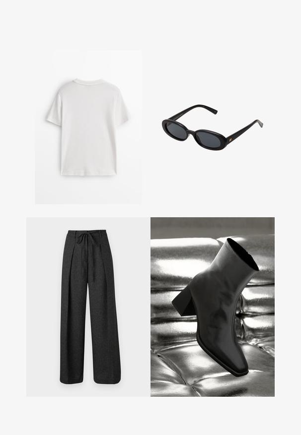 Vit bomulls-T-shirt med korta ärmar, rund halsringning och slät textur. Baksidan är enfärgad utan några extra mönster eller design.; Breda byxor i mörkgrått tyg, med veckad front och knytdrapering i midjan. Mjuk textur, minimalistisk design.; Svarta ankelboots i glänsande material med fyrkantig tå och avsmalnande klack, placerade mot en glänsande silverfärgad vadderad bakgrund.; Svarta överdimensionerade solglasögon med ovala linser, slät plastbåge och guldaccent på bågarna. Mörka linser ger solskydd.; Zign LEATHER - Handväska - dark red