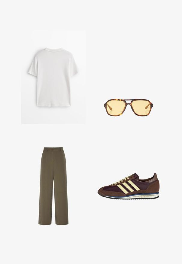 Wit katoenen T-shirt met korte mouwen, een ronde hals en een gladde textuur. De achterkant is effen zonder extra patronen of ontwerpen.; Wijdvallende broek in olijfgroen stof, met een knoopsluiting en een gladde textuur. Tailored ontwerp met een minimalistische esthetiek.; Bruine en bordeauxkleurige sneaker van suede en mesh materiaal, met drie crèmekleurige strepen, een gemêleerd stof op de tong en een rubberen zool.; Schildpadzonnebril met een geometrisch ontwerp, gele lenzen en metalen accenten op de pootjes. Brede rand en matte textuur.