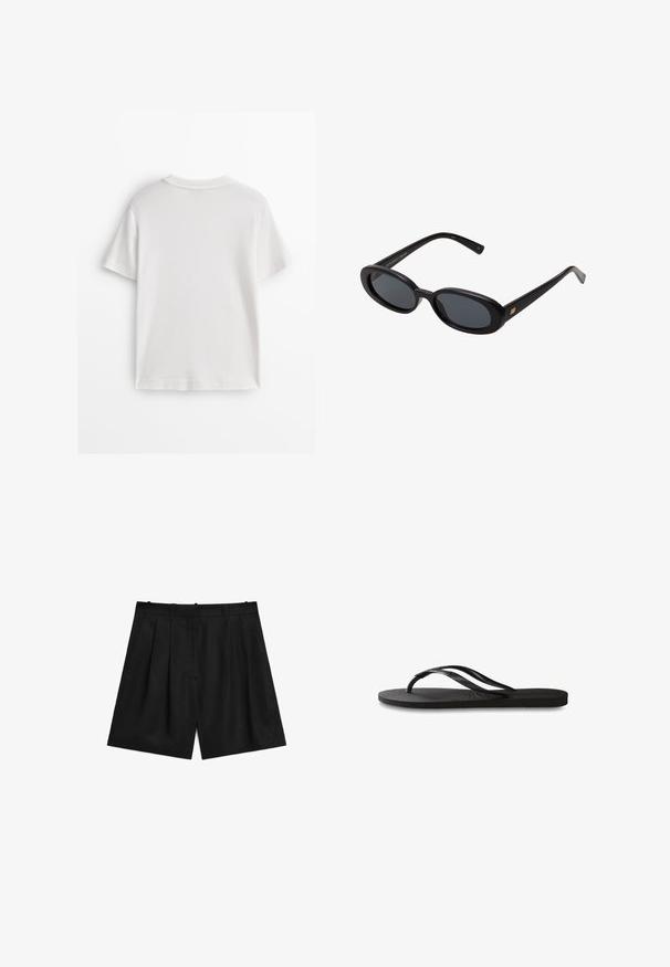 White cotton t-shirt with short sleeves, a round neck, and a smooth texture. The back is plain with no additional patterns or designs.; Black tailored shorts made of a smooth, lightweight fabric. Features pleats, two side pockets, and a clean waistband design.; Black flip-flop featuring a textured rubber sole, two slender straps, and a subtle, embossed logo detail on the strap.; Black oversized sunglasses with oval lenses, smooth plastic frame, and gold accents on temple. Dark lenses provide sun protection.; Black leather handbag with a structured rectangular shape. Features a golden oval clasp and a thin shoulder strap. Smooth texture.