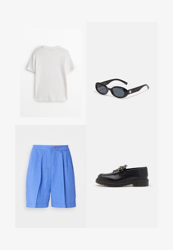 Biała bawełniana koszulka z krótkim rękawem, okrągłym dekoltem i gładką fakturą. Tył jest gładki, bez dodatkowych wzorów czy zdobień.; Niebieskie lniane spodenki z plisami, z zapięciem na guzik i prostym krojem. Charakteryzują się gładką fakturą i dołem, który opada powyżej kolana.; Czarne skórzane loafersy z okrągłym noskiem, ozdobną frędzlem i złotymi detalami. Gruba gumowa podeszwa zapewniająca lepszą przyczepność i trwałość.; Czarne owalne okulary przeciwsłoneczne z ciemnymi soczewkami, błyszcząca plastikowa oprawka, szerokie zauszniki i mały złoty akcent z jednej strony.
