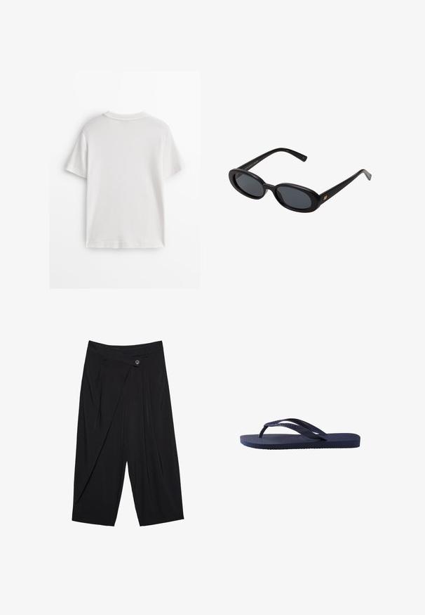 Bílé bavlněné tričko s krátkými rukávy, kulatým výstřihem a hladkou texturou. Zadní strana je jednoduchá bez dalších vzorů nebo designů.; Černé skládání kalhot s jednobarevným zapínáním a širokým, zkráceným střihem nohavic. Hladká textura a upravená silueta.; Tmavě modré žabky s texturovanými gumovými popruhy a podešví, s vlnkovaným vzorem na popruzích a plochým, vroubkovaným stélkou.; Černé oversized sluneční brýle s oválnými čočkami, hladkým plastovým rámem a zlatými akcenty na spáncích. Tmavé čočky poskytují ochranu před sluncem.