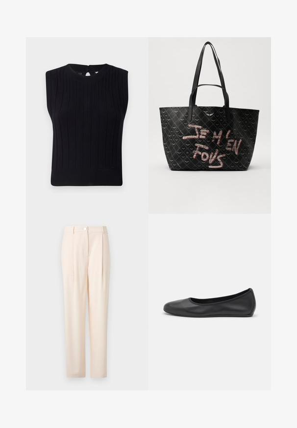 Zwarte mouwloze gebreide top met ribbeltextuur, een ronde halslijn en een kleine opening met sleutelgat aan de achterkant.; Lichtbeige broek met een op maat gemaakt ontwerp, voorzien van een sluiting aan de voorkant, een gladde stof, een rechte pasvorm en zonder zichtbare patronen of accenten.; Zwarte leren ballerina met een ronde neus, gladde textuur, minimale stikdetails en een flexibele zoolontwerp.; Zwarte tote bag van gestructureerd materiaal met een diamanten patroon, schouderbanden en vetrode en witte tekst met de tekst "JE M'EN FOUS."