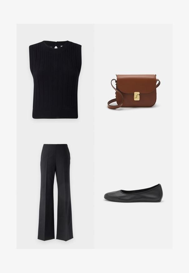 Black sleeveless knit top featuring ribbed texture, a rounded neckline, and a small back keyhole opening.; Black tailored trousers with a flared leg design, featuring vertical pleats and a smooth texture. No visible hardware or accents.; Black leather ballet flat with a rounded toe, smooth texture, minimal stitching detail, and a flexible sole design.; Brown leather handbag with a flap closure, gold-tone hardware, a shoulder strap, and a smooth texture. Compact rectangular shape.