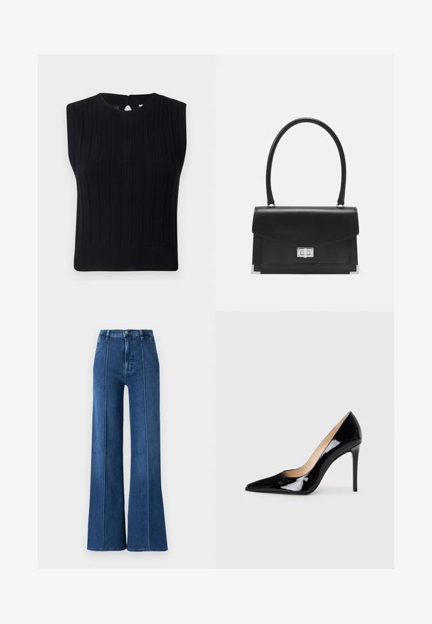 Top in maglia senza maniche di colore nero, caratterizzato da una texture a coste, scollatura rotonda e una piccola apertura a chiave sulla schiena.; Jeans a gamba larga in denim blu, con vita alta e cuciture bianche a contrasto lungo le cuciture. Senza ulteriori decorazioni.; Décolleté in pelle verniciata nera con design a punta e silhouette elegante. Presenta una finitura liscia e lucida e un tacco a stiletto sottile.; Borsa a tracolla in pelle nera con un design strutturato, manico superiore e chiusura in argento. Presenta accenti agli angoli e una texture liscia.
