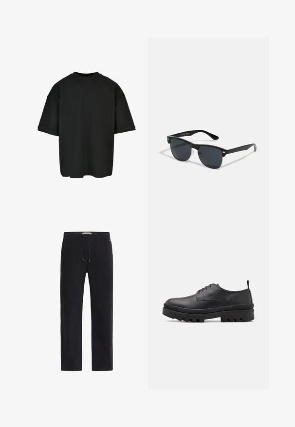 Zwarte oversized t-shirt van ribstof. Ronde hals, korte mouwen en een relaxte pasvorm met een rechte zoom. Eenvoudig en veelzijdig ontwerp.; Zwarte katoenen sweatpants met een elastische tailleband en trekkoord. Rechtdesign met minimale stikseldetails en geen zichtbare zakken.; Zwarte leren schoen met een ronde neus, vetersluiting en stevige rubberen zool. Heeft een trekkoord aan de hiel en getextureerde accenten.; Zwarte zonnebril met een rechthoekige vorm, donkere lenzen, zilveren accenten bij de slapen en een matte afwerking op het montuur.