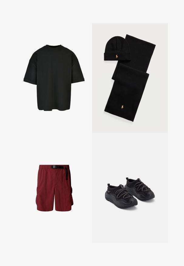 Schwarzes, übergroßes T-Shirt aus Rippstoff. Rundhalsausschnitt, kurze Ärmel und eine lockere Passform mit geradem Saum. Einfaches und vielseitiges Design.; Bordeauxrote Cargo-Shorts mit elastischem Bund und verstellbarem Gürtel. Verfügt über zwei Seitentaschen zur Aufbewahrung. Hergestellt aus leichtem Stoff.; Schwarze Sportschuhe mit einer strukturierten Gummisohle, gepolstertem Stoff-Obermaterial, elastischen Schnürsenkeln und Zugschlaufen an der Ferse für einfaches Anziehen.; Schwarzes Strickmütze- und Schals-Set. Verfügt über eine gerippte Textur und goldene Logo-Akzente. Weicher Stoff mit einem eleganten Design, geeignet für kaltes Wetter.