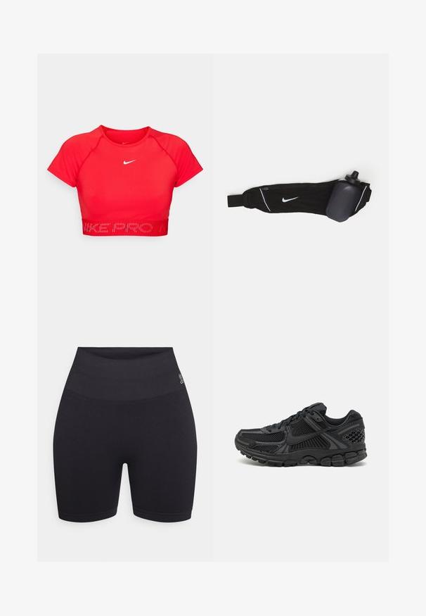 Raudonas trumpas sportinis marškinėliai su trumpomis rankovėmis, pagaminti iš elastingų medžiagų. Yra baltas Nike logotipas ir tekstūruota juosta su "NIKE PRO" užrašu.; Juodos aukšto liemens dviračių šortai, pagaminti iš tamprus audinio. Yra lygus juosmuo ir pritvirtintos kojų angos su logotipo detale šone.; Juoda sportinė avalynė su tinklelio viršumi, guma padu ir tekstūruotomis detalėmis. Dizainas apima išryškintą raištelių sistemą ir paminkštintą padą.; Juodas vandens butelių diržas su reguliuojama juosta, turi baltą Nike logotipą, pilką vandens butelio laikiklį ir baltas akcentines siūles.
