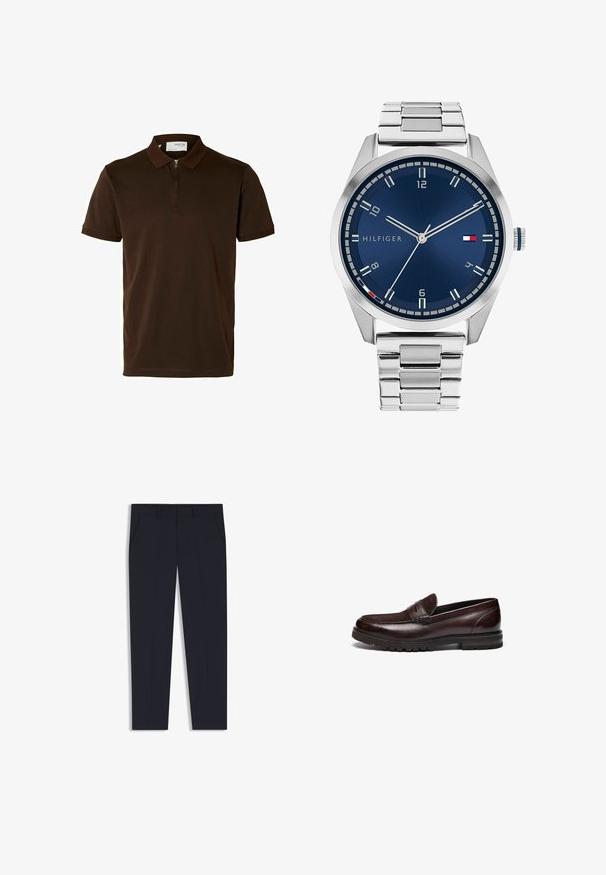 Brun polo skjorte laget av glatt stoff, med glidelås i kragen, kort ermer og en skreddersydd passform. Ingen mønstre eller detaljer synlige.; Marineblå bukser med skreddersydd passform, som har to frontlommer, flat frontdesign og en jevn tekstur. Ingen synlige mønstre eller dekorasjoner.; Brune lær loafers med en suede accent, rund tå og teksturert gummisåle. Har sydd detaljer og en liten hæl.; Sølv metallklokke med en børstet blå urskive, hvite timemarkører og datovisning. Har en koblet metallarmbånd og merkevarelogo.