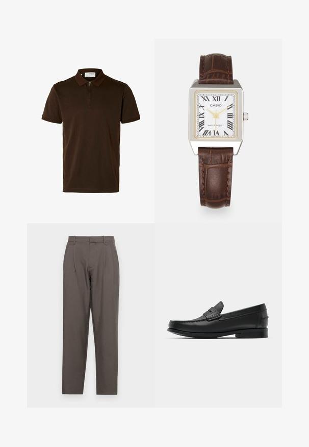 Brown polo shirt made of smooth fabric, featuring a zippered collar, short sleeves, and a tailored fit. No patterns or accents visible.; Jack & Jones JPSTBILL JJDAYTONA WIDE - Trousers - pavement; Black leather loafers with a rounded toe, detailed stitching, and a low, square heel. Smooth texture and minimalistic design.; Casio rectangular watch with a white face, gold accents, Roman numerals, and a brown crocodile-pattern leather strap. Water-resistant design.; Silver hoop earrings with large, round, white pearls. The design features a smooth texture and a secure clasp for attachment.