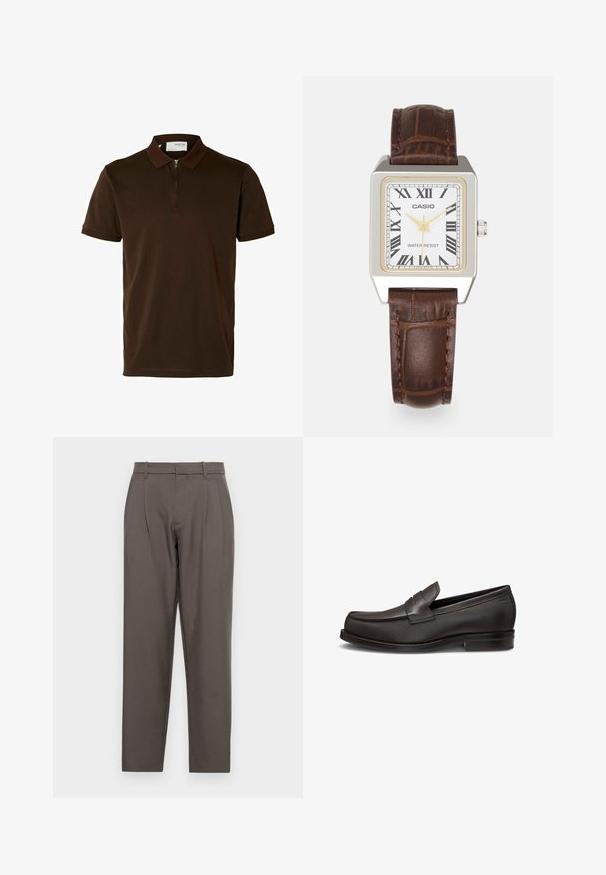Bruine polo shirt van gladde stof, met een ritskraag, korte mouwen en een getailleerde pasvorm. Geen patronen of accenten zichtbaar.; Jack & Jones JPSTBILL JJDAYTONA WIDE - Broek - pavement; Bruine leren instapper met een gladde textuur, ronde neus, gestikte details en een lage blokhak. Easy-on ontwerp met een voorbandaccent.; Casio rechthoekige horloge met een witte wijzerplaat, gouden accenten, Romeinse cijfers en een bruine lederen band met krokodillenpatroon. Waterbestendig ontwerp.; Zilveren hoopoorbellen met grote, ronde, witte parels. Het ontwerp heeft een gladde textuur en een veilige sluiting voor bevestiging.