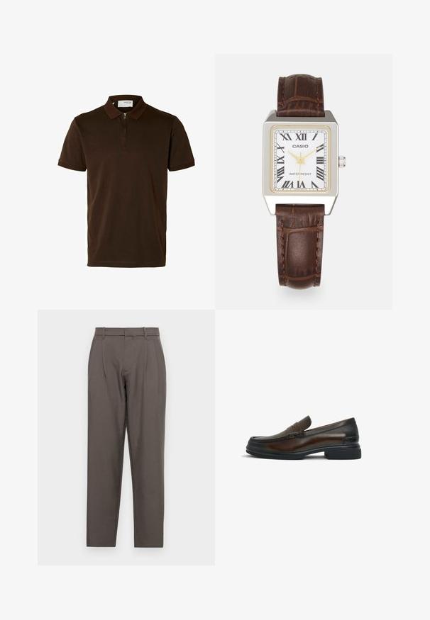 Polo marrone realizzato in tessuto liscio, con colletto a zip, maniche corte e vestibilità su misura. Nessun motivo o accento visibile.; Jack & Jones JPSTBILL JJDAYTONA WIDE - Pantaloni - pavement; Mocassino in pelle marrone con punta arrotondata, cuciture decorative sulla tomaia, una texture liscia e una suola in gomma nera a contrasto.; Orologio rettangolare Casio con quadrante bianco, dettagli dorati, numeri romani e cinturino in pelle con motivo coccodrillo marrone. Design resistente all'acqua.; Orecchini a cerchio in argento con grandi perle bianche e rotonde. Il design presenta una texture liscia e una chiusura sicura per il fissaggio.