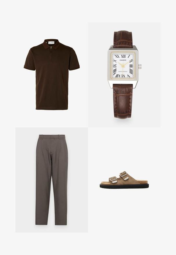 Brązowa koszulka polo uszyta z gładkiego materiału, z zapięciem na zamek przy kołnierzy, krótki rękaw i dopasowany krój. Brak widocznych wzorów lub akcentów.; Jack & Jones JPSTBILL JJDAYTONA kamień; Zamszowe klapki w kolorze brązowym z dwiema regulowanymi srebrnymi klamrami, czarną teksturowaną podeszwą oraz perforowanymi detalami w górnej części.; Zegarek prostokątny Casio z białą tarczą, złotymi akcentami, cyferblatem z cyframi rzymskimi oraz brązowym skórzanym paskiem ze wzorem krokodyla. Wodoodporny design.; Srebrne kolczyki w formie kółek z dużymi, okrągłymi, białymi perłami. Projekt charakteryzuje się gładką teksturą i pewnym zapięciem do mocowania.
