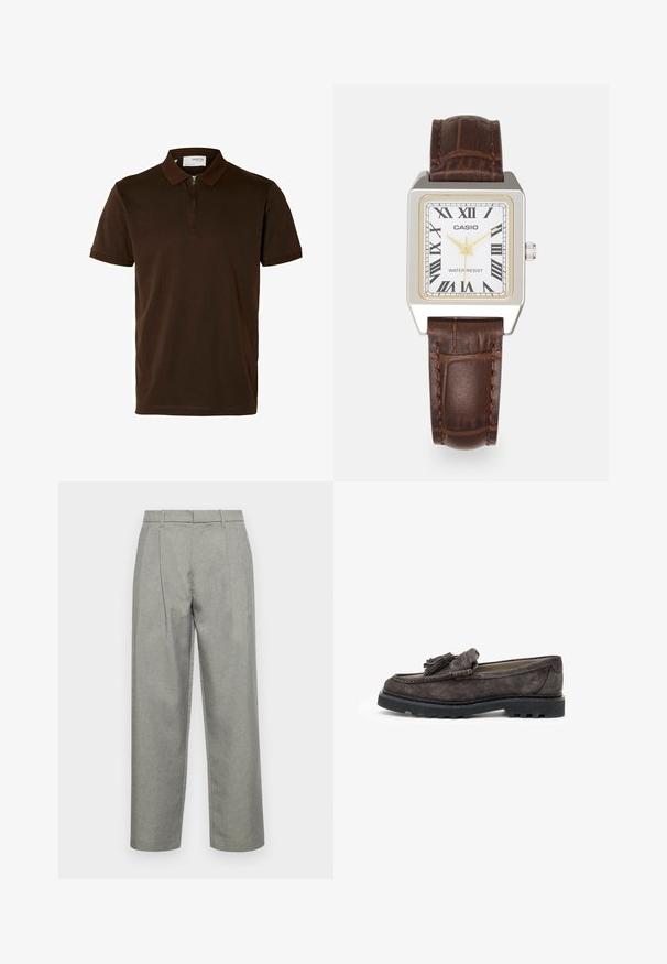 Brown polo shirt made of smooth fabric, featuring a zippered collar, short sleeves, and a tailored fit. No patterns or accents visible.; Gray tailored trousers made of textured fabric, featuring a straight-leg design, front pleats, and a standard waistband with belt loops.; Dark gray suede loafers with a front tassel accent, flat rubber sole, and contrasting stitching details along the edge.; Casio rectangular watch with a white face, gold accents, Roman numerals, and a brown crocodile-pattern leather strap. Water-resistant design.; Silver hoop earrings with large, round, white pearls. The design features a smooth texture and a secure clasp for attachment.