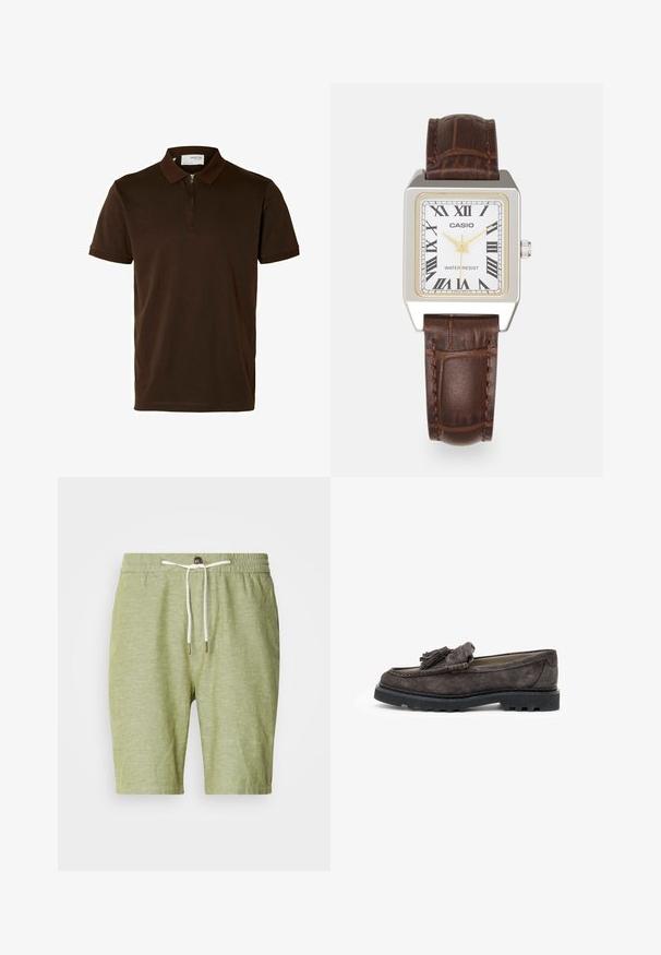 Brązowa koszulka polo uszyta z gładkiego materiału, z zapięciem na zamek przy kołnierzy, krótki rękaw i dopasowany krój. Brak widocznych wzorów lub akcentów.; Jasnozielone szorty z mieszanki bawełny, z elastyczną talią i sznurkiem ściągającym zakończonym metalowymi końcówkami, w krótkiej długości, bez kieszeni.; Ciemnoszare zamszowe mokasyny z ozdobnym frędzlem z przodu, płaską gumową podeszwą oraz kontrastującymi detalami wzdłuż krawędzi.; Zegarek prostokątny Casio z białą tarczą, złotymi akcentami, cyferblatem z cyframi rzymskimi oraz brązowym skórzanym paskiem ze wzorem krokodyla. Wodoodporny design.