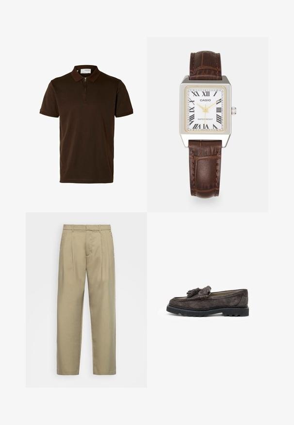 Brown polo shirt made of smooth fabric, featuring a zippered collar, short sleeves, and a tailored fit. No patterns or accents visible.; Beige, high-waisted trousers with a straight cut, featuring a flat front, side pockets, and a smooth, textured fabric.; Dark gray suede loafers with a front tassel accent, flat rubber sole, and contrasting stitching details along the edge.; Casio rectangular watch with a white face, gold accents, Roman numerals, and a brown crocodile-pattern leather strap. Water-resistant design.; Silver hoop earrings with large, round, white pearls. The design features a smooth texture and a secure clasp for attachment.