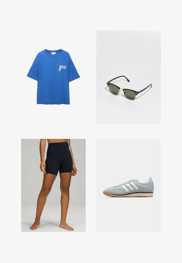 Tricou din bumbac albastru, cu guler rotund, mâneci scurte și un text grafic pe față "NECTAR HILLS Peachy", însoțit de ilustrații cu fructe.; Pantaloni scurți negri cu talie înaltă, confecționați dintr-un material elastic, având o textură netedă și un design ajustat care ajunge până la mijlocul coapsei.; Adidași din suede albastru deschis cu trei dungi albe, talpă din cauciuc și plasă texturată. Dispune de o vârf neted și un logo pe toc.; Ochelari de soare negri și aurii cu lentile verzi, având o formă de ochi de pisică, accente metalice și un cadru texturat.