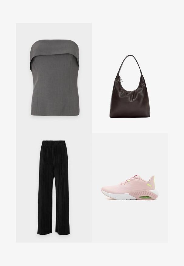 Siva bez naramenica bluzica s preklopnim dizajnom na dekolteu, strukturiranim krojem i glatkom teksturom tkanine. Nema vidljivih uzoraka ili metalnih dijelova.; Crne plisirane hlače s elastičnim pojasom. Imaju široke nogavice i glatku, teksturiranu tkaninu s vertikalnim prugama.; Roze atletske tenisice s glatkim gornjim dijelom, bijelim potplatom, zelenim naglaskom i perforiranim detaljima. Imaju podstavljeni petni dio i dizajn s vezicama.; Smeđa kožna torba preko ramena s mekim, opuštenim dizajnom. Torba ima široku traku i minimalistički oblik, upotpunjena suptilnom teksturom.