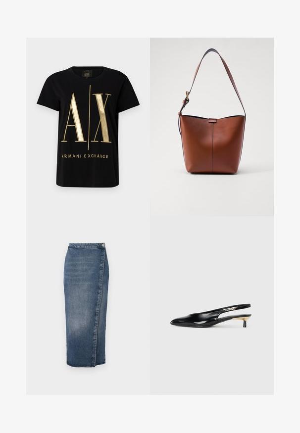 Melna kokvilnas T-krekls ar izteiksmīgu zeltainu "A/X" logotipu un "ARMANI EXCHANGE" tekstu, īsām piedurknēm, apaļu apkakli, gludu tekstūru.; Tumši zila denima midi svārki ar taisnu siluetu, izbalējušu tekstūru un sānu pogu aizdari. Tiem ir neapstrādāta maliņa un minimālā šūšana.; Melnas slingback pump kurpes ar smailu purngalu, spīdīgu ādas apdari un mazu papēdi ar zelta akcentu. Elegants dizains ar atvērtu aizmuguri.; Brūna ādas plecu soma ar izliekta formu, gludu tekstūru un vienu plānu siksnu. Iekļauj subtilu šuvumu un mazu logotipa detaļu.