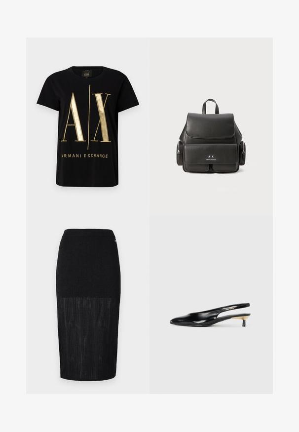 Schwarzes Baumwoll-T-Shirt mit großem, goldfarbenem "A/X"-Logo und dem Text "ARMANI EXCHANGE", mit kurzen Ärmeln, rundem Ausschnitt und glatter Textur.; Schwarzer Bleistiftrock mit einem strukturierten, gerippten Unterteil, glattem oberen Teil und einem elastischen Bund für einen bequemen Sitz.; Schwarze Slingback-Pumps mit spitzem Zehenbereich, glänzendem Lederfinish und kleinem Absatz mit goldenen Akzenten. Elegantes Design mit offenem Rücken.; Schwarzer Leder-Rucksack mit Klappenverschluss, Fronttasche, seitlichen Reißverschlusstaschen und einem oberen Griff. Mit Logodetails auf der Vorderseite.
