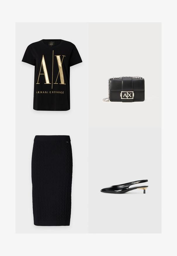 Fekete pamut póló, merész arany "A/X" logóval és "ARMANI EXCHANGE" felirattal, rövid ujjú, kerek nyakkivágású, sima textúrájú.; Armani Exchange GONNA - Ceruzaszoknya - black; Fekete slingback pump, hegyes orral, fényes bőr felülettel és kis sarokkal, arany kiegészítéssel. Elegáns kialakítás nyitott háttal.; Fekete bőr kézitáska steppelt dizájnnal, ezüst lánccal, és egy kiemelkedő ezüst "AX" logóval az elején. Kompakt, téglalap alakú.
