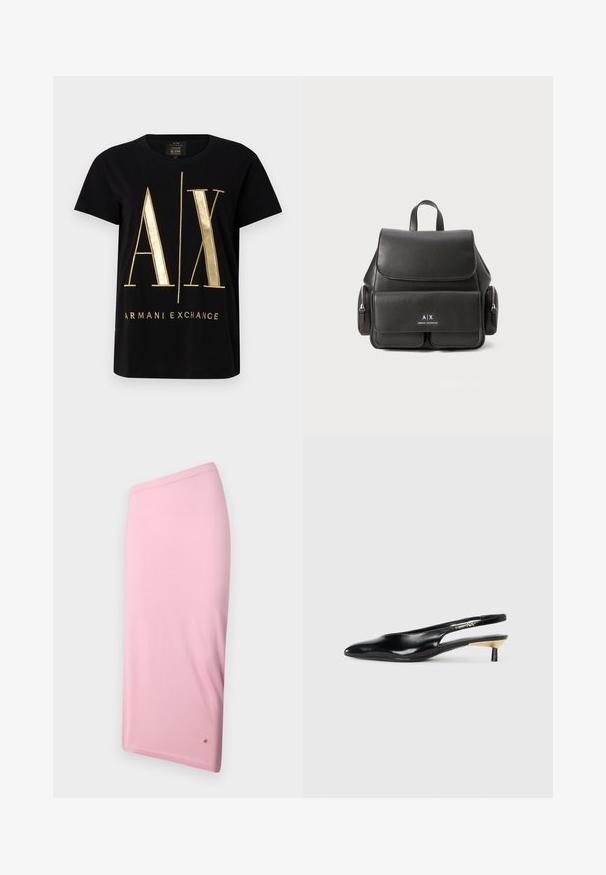 Juodas medvilnės marškinėliai su ryškiu auksiniu "A/X" logotipu ir "ARMANI EXCHANGE" užrašu, trumpomis rankovėmis, apvalia iškirpte, lygiu paviršiumi.; Rožinė kelių ilgio sijonas, pagamintas iš lygaus audinio, pasižymintis paprastu dizainu su paslėptu liemeniu ir mažo logotipo akcentu prie krašto.; Juodos slingback aukštakulniai su pailgu pirštu, blizgi odinė apdaila ir mažas kulnas su auksiniu akcentu. Išmanus dizainas su atviru nugara.; Juodas odinis kuprinė su uždengimu, priekinė kišenė, šoninės užtrauktukų kišenės ir viršutinė rankena. Priekyje yra logotipo detalizavimas.