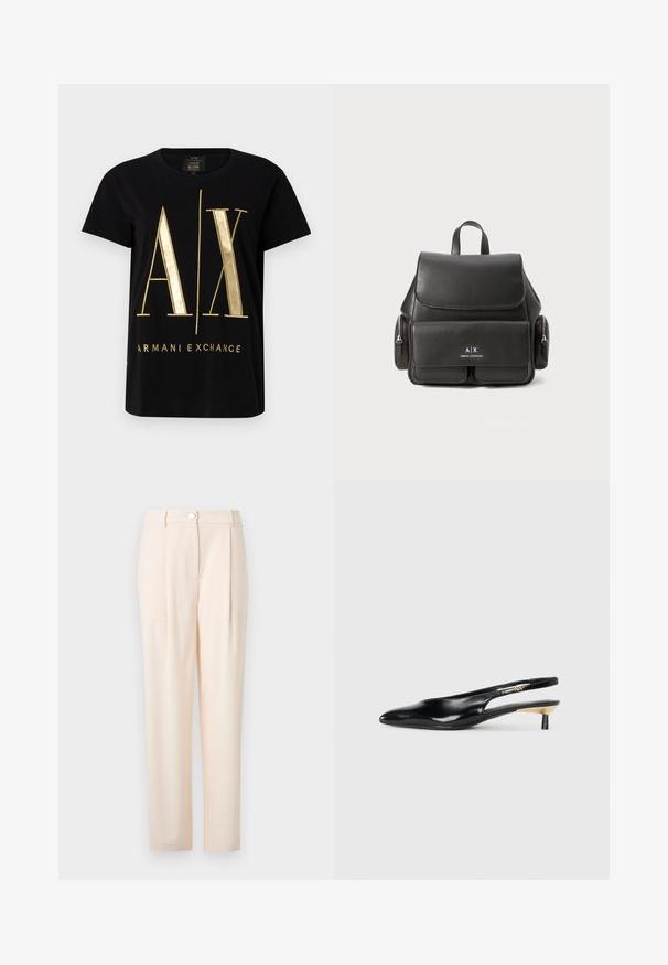 Svart bomull t-skjorte med stort gull "A/X"-logo og "ARMANI EXCHANGE"-tekst, korte ermer, rund hals, glatt tekstur.; Lys beige bukser med en skrædderlavet design, der har en frontklap, glat stof, lige benform og ingen synlige mønstre eller accenter.; Sorte slingback pumps med spiss tå, glanset skinnfinish og en liten hæl med gullakcent. Elegant design med åpen bak.; Svart skinnryggsekk med klafflukkning, frontlomme, sidelommer med glidelås og et håndtak på toppen. Har logo-detaljer på forsiden.