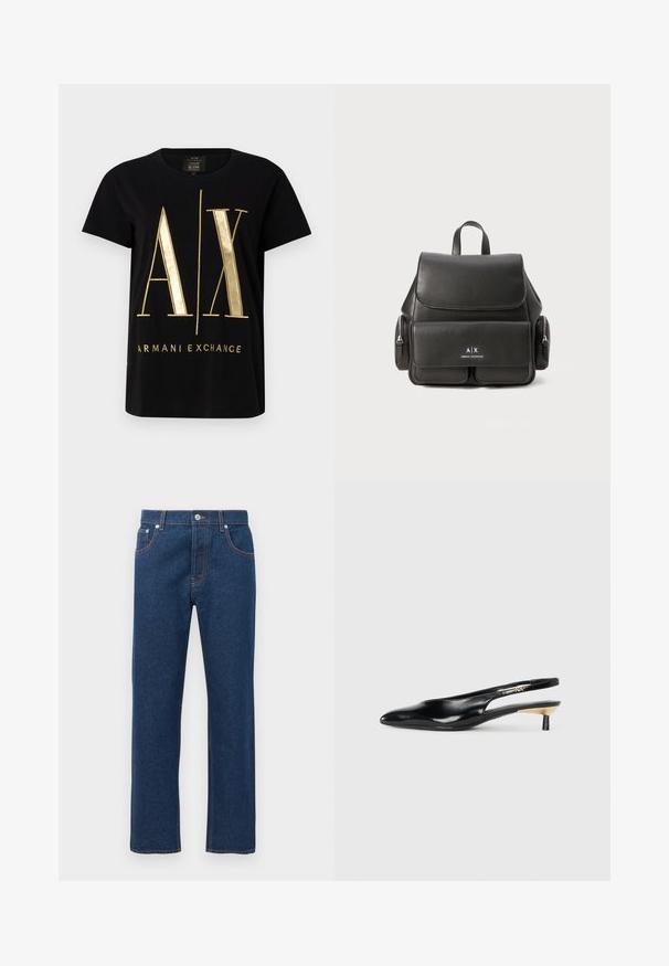 Tricou din bumbac negru cu logo-ul îndrăzneț „A/X” și textul „ARMANI EXCHANGE”, cu mâneci scurte, decolteu rotund, textură netedă.; Blugi din denim de culoare albastru închis, cu picioare drepti, buzunare frontale și posterior, bucle pentru brâu, închidere cu buton și cusături portocalii vizibile.; Pantof cu toc slingback negru, cu vârful ascuțit, finisaj din piele lucioasă și un toc mic cu un accent auriu. Design elegant cu spatele deschis.; Rucsac din piele neagră, cu închidere cu clapetă, buzunar frontal, compartimente cu fermoar pe lateral și un mâner de sus. Prezentă detalii cu sigla în față.