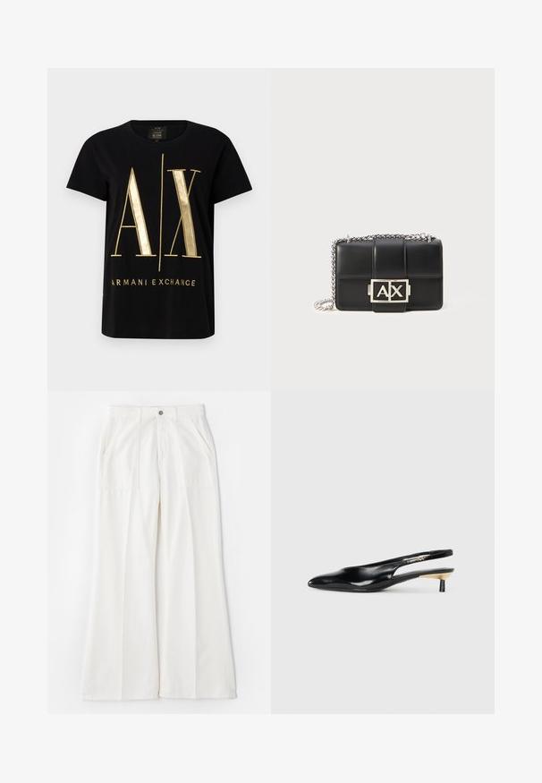 T-shirt en coton noir avec un logo doré "A/X" audacieux et le texte "ARMANI EXCHANGE", manches courtes, col rond, texture lisse.; Pantalons larges blancs en tissu doux, dotés de poches avant et d'une seule fermeture à bouton, avec un design épuré et minimal.; Pompe slingback noire avec un bout pointu, finition en cuir brillant et un petit talon avec une touche dorée. Design épuré avec un dos ouvert.; Sac à main en cuir noir avec un design matelassé, une bandoulière en chaîne argentée et un logo "AX" en argent bien visible à l'avant. Forme rectangulaire compacte.