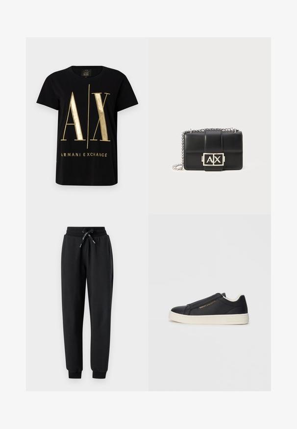 Black cotton t-shirt featuring bold gold "A/X" logo and "ARMANI EXCHANGE" text, short sleeves, round neckline, smooth texture.; Black sweatpants made of soft fabric, featuring an elastic waistband with drawstring, side pockets, and tapered cuffs at the ankles.; Black leather slip-on sneaker with white sole, gold "Armani Exchange" logo on side, and minimalist stitching detail.; Black leather handbag with quilted design, silver chain strap, and a prominent silver "AX" logo on the front. Compact rectangular shape.