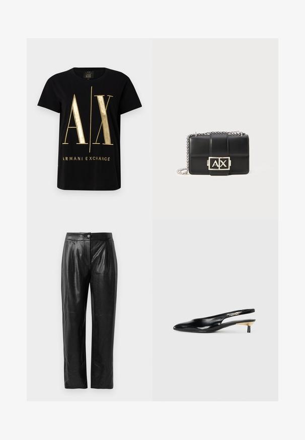 Mustaidist puuvillast T-särk, millel on julge kuldne "A/X" logo ja "ARMANI EXCHANGE" tekst, lühikesed varrukad, ümar kaelus, sile tekstuur.; Mustad kunstnahk püksid, millel on tekstureeritud pind, laiad sääred, ees voldid ja üks nupuga kinnitamine vöökohal.; Mustad seljatoega mustad kontsakingad, millel on terav nina, läikiv nahkviimistlus ja väike kand kuldse detailiga. Sujuv disain avatud seljaprofiiliga.; Must mustra rahakott, millel on tikandiga disain, hõbedane kett ja esipaneelil silmatorkav hõbedane "AX" logo. Kompaktne ristkülikukujuline vorm.