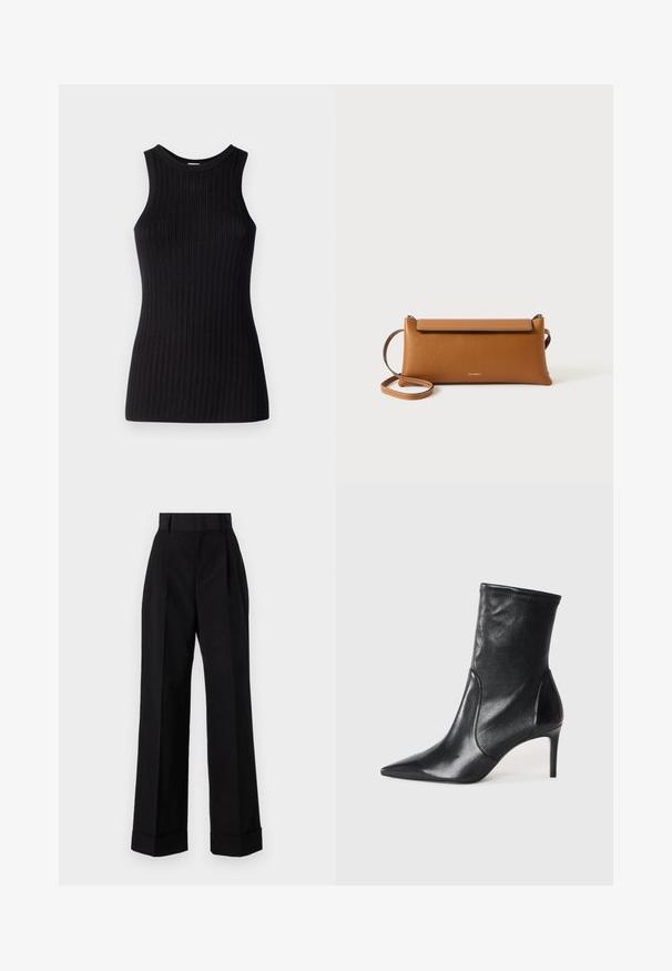 Black sleeveless top with ribbed texture, round neckline, fitted shape, and a smooth finish. Lightweight knit fabric.; High-waisted black trousers made of cotton. Features a wide-leg design, pleats, and rolled cuffs. Smooth texture, no visible patterns or hardware.; Black ankle boots made of smooth leather, featuring a pointed toe, fitted shaft, and a slim high heel. Minimalist design with no visible hardware.; Brown leather clutch bag, rectangular shape, textured surface, detachable strap, zip closure, subtle logo embossed on front.