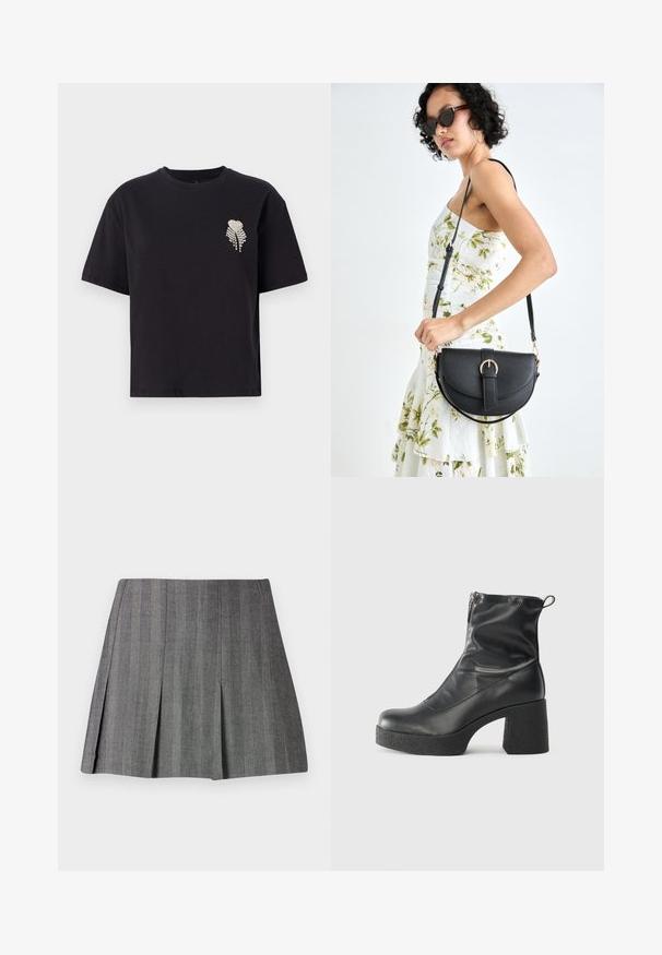 Sort bomulds T-shirt med rund hals og korte ærmer, prydet med et lille hjerte design glimrende med rhinsten på venstre bryst.; Grå plisseret nederdel i et struktureret stof med lodrette striber, der har en tætsiddende talje og A-linje silhuet.; Sorte ankelstøvler lavet af glat læder, med en sidelukning, kraftig struktureret hæl og rundt tådesign.; Sort læderhåndtaske med en buet form, aftagelig rem og guldfinish. Tasken har en klap med en spænde detalje.