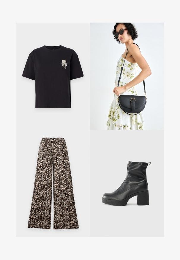 Camiseta de algodón negra con cuello redondo y mangas cortas, que presenta un pequeño diseño de corazón adornado con rhinestones en el lado izquierdo del pecho.; Pantalones de pierna ancha con cintura elástica en un patrón de leopardo beige y marrón sobre un fondo blanco.; Botines negros de tobillo, hechos de cuero suave, con cierre lateral, tacón grueso texturizado y diseño de punta redondeada.; Bolso de piel negra con forma curva, correa desmontable y herrajes dorados. El bolso cuenta con una solapa con un detalle de hebilla.
