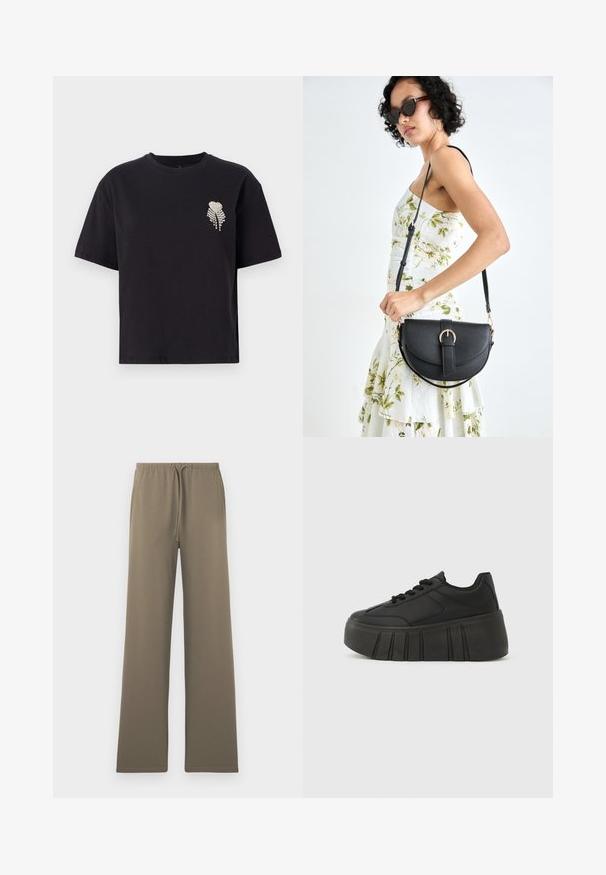 Black cotton t-shirt with a crew neck and short sleeves, featuring a small rhinestone-embellished heart design on the left chest.; Olive green, wide-leg pants made of soft fabric, featuring an elastic waistband with a drawstring and no visible pockets.; Black platform sneakers with a smooth synthetic upper, rounded toe, lace-up design, and a thick, ridged sole for added height.; Black leather handbag with a curved shape, detachable strap, and gold hardware. The bag features a flap with a buckle detail.