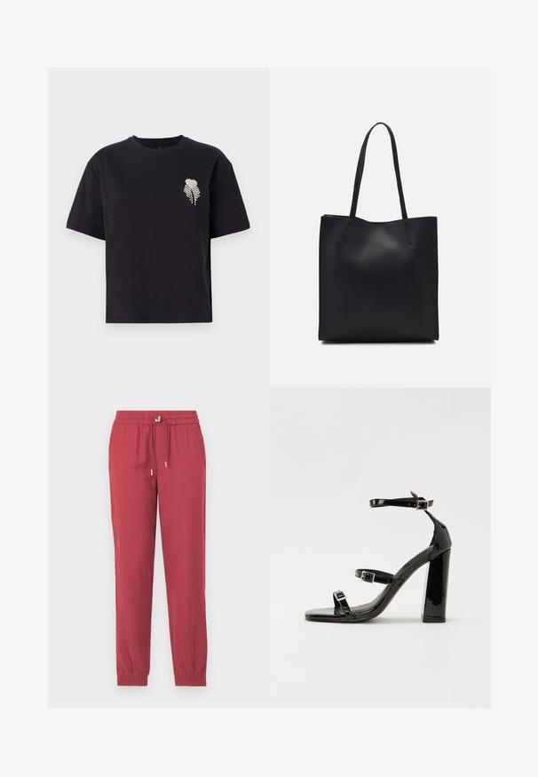 Zwarte katoenen t-shirt met ronde hals en korte mouwen, voorzien van een klein hartontwerp versierd met strassstenen op de linkerborst.; Rode, lichte, taps toelopende broek met een elastische tailleband en een trekkoord. Heeft enkelschoenen en een soepele textuur.; Zwarte gepatenteerde sandalen met hak en een vierkante neus, enkelbandjes en zilveren gespen. Heeft een stevige blokhak voor stabiliteit.; Zwarte leren handtas met een gladde textuur, rechthoekige vorm en twee lange handvaten. Geen zichtbare hardware of versieringen.