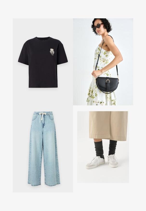 Camiseta de algodón negra con cuello redondo y mangas cortas, que presenta un pequeño diseño de corazón adornado con rhinestones en el lado izquierdo del pecho.; Jeans de pierna ancha color azul claro con cinturilla elástica y cordón. Incluye bolsillos tradicionales y textura de denim desgastado.; Zapatillas blancas y grises con un acento negro en el talón, con una parte superior de cuero suave y una punta de ante texturizado. Llevadas con calcetas oscuras y holgadas.; Bolso de piel negra con forma curva, correa desmontable y herrajes dorados. El bolso cuenta con una solapa con un detalle de hebilla.