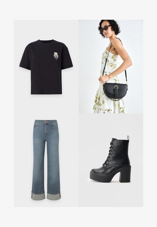 Fekete pamut póló lekerekített nyakkal és rövid ujjakkal, a bal mellen egy kis strasszkövekkel díszített szívmintával.; Széles lábú kék farmernadrág jellemzője a magas derék, a szürke díszítésű felhajtók, az öt zsebes kialakítás és az elöl gombos záródás.; Fekete bőr bokacsizma vastag blokk sarkkal, fűzős elejével és texturált felületével. Hátul található egy fülecske, ami megkönnyíti a felhúzást.; Fekete bőrtáska ívelt formával, levehető pánttal és arany színű fémrészekkel. A táskán egy csattal díszített fedél található.