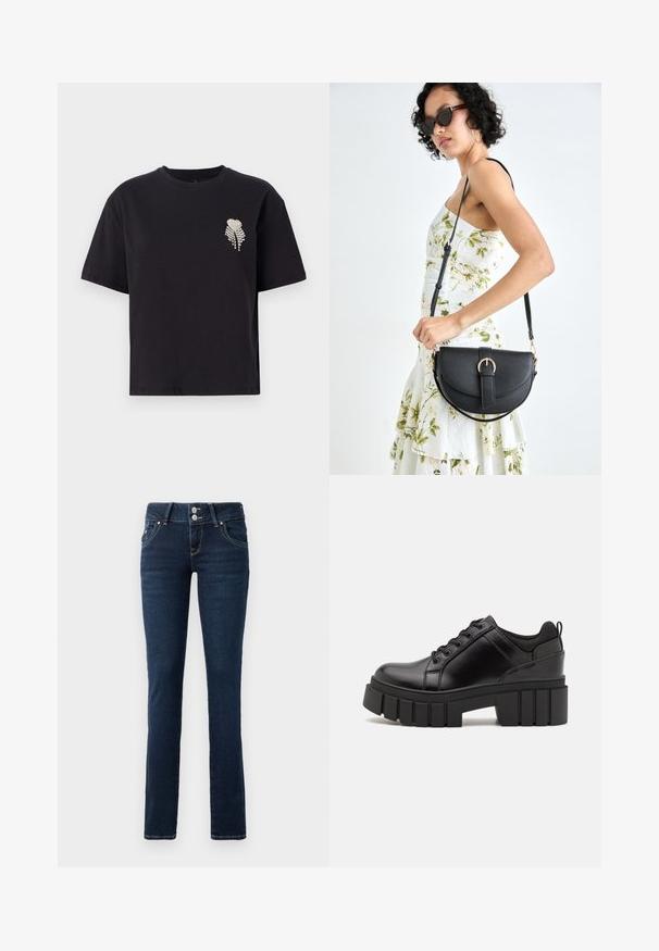 T-shirt de algodão preto com decote redondo e mangas curtas, apresentando um pequeno design de coração decorado com strass no lado esquerdo do peito.; Jeans skinny azul-escuro com fecho de botão duplo, bolsos frontais e costura amarela sobre um fundo branco.; Sapatos de plataforma em couro preto com um salto bloco robusto, bico redondo e design clássico de atacadores. Apresentam uma textura suave e detalhes mínimos.; Bolsa de couro preta com forma curva, alça destacável e detalhes em dourado. A bolsa possui uma aba com detalhe de fivela.