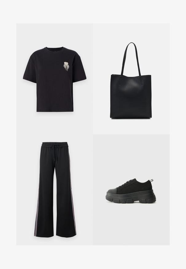 Black cotton t-shirt with a crew neck and short sleeves, featuring a small rhinestone-embellished heart design on the left chest.; Black wide-leg pants made of soft fabric with an elastic waistband and drawstring. Features white and maroon side stripes for contrast.; Black sneakers with a chunky rubber sole, textured fabric upper, round toe, and lace-up design. Features reinforced eyelets and back pull tab.; Black leather tote bag with smooth texture, rectangular shape, and two long handles. No visible hardware or embellishments.