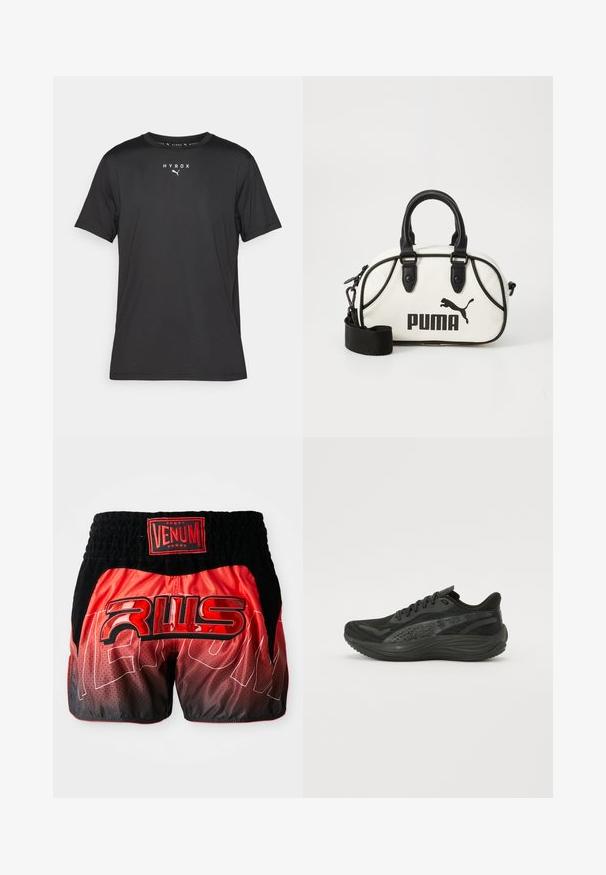 Juodas trumpomis rankovėmis sportinis marškinėlis, pagamintas iš lengvos medžiagos. Suapvalintas kaklas ir spausdintas "HYROX" logotipas su Puma emblema priekyje.; Raudoni ir juodi VENUM šortai su juodu elastingu juosmeniu, puikuojantys blizgiais "VENUM" ir "RWS" logotipais, gradientiniu raštu ir lygia tekstūra.; Juodos sportinės bateliai su tekstūruotu mezginiu, plokščiomis raištelėmis ir paminkštintu padu, turinčiu subtilius atspindinčius akcentus.; Balta rankinė su juodais akcentais, su Puma logotipu. Trumpi, apvalūs rankenėlės ir nuimamas diržas, pagaminta iš tekstūruotos sintetinės medžiagos.