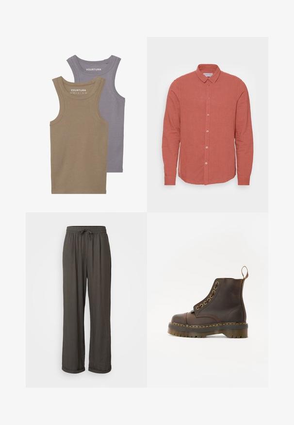 Deux débardeurs en coton doux. L'un est marron clair, l'autre est gris lavande, avec une texture côtelée et des encolures rondes.; Chemise à manches longues en lin corail délavé, dotée d'un col classique et d'une fermeture à boutons sur le devant avec des boutons assortis. Texture lisse et coupe ajustée.; Pantalons larges gris foncé avec taille à cordon, fabriqués dans un tissu doux et texturé, présentant des ourlets retroussés aux chevilles.; Bottine en cuir marron avec un bout rond, des coutures jaunes contrastantes, des œillets en métal décoratifs et une semelle en caoutchouc rainurée.