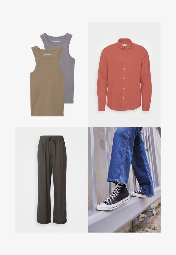 Deux débardeurs en coton doux. L'un est marron clair, l'autre est gris lavande, avec une texture côtelée et des encolures rondes.; Chemise à manches longues en lin corail délavé, dotée d'un col classique et d'une fermeture à boutons sur le devant avec des boutons assortis. Texture lisse et coupe ajustée.; Pantalons larges gris foncé avec taille à cordon, fabriqués dans un tissu doux et texturé, présentant des ourlets retroussés aux chevilles.; Baskets montantes noires avec semelle et lacets blancs, associées à un jean en denim bleu décontracté, reposant sur un garde-corps gris.