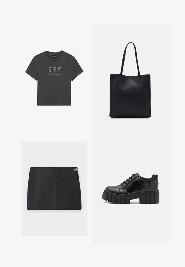 Sot grå T-skjorte laget av myk bomull, med hvite broderte blomster og teksten "vokse positive tanker" under designet.; Svart skjørt med en glatt tekstur, rett snitt og et lite logo-merke på siden. Enkel design uten ekstra mønstre eller detaljer.; Svarte lærplattformsko med kraftig blokkhell, rund tå og tradisjonell snøring. Har en jevn tekstur og minimal detaljering.; Svart lær tote bag med glatt tekstur, rektangulær form og to lange håndtak. Ingen synlige deler eller dekorasjoner.