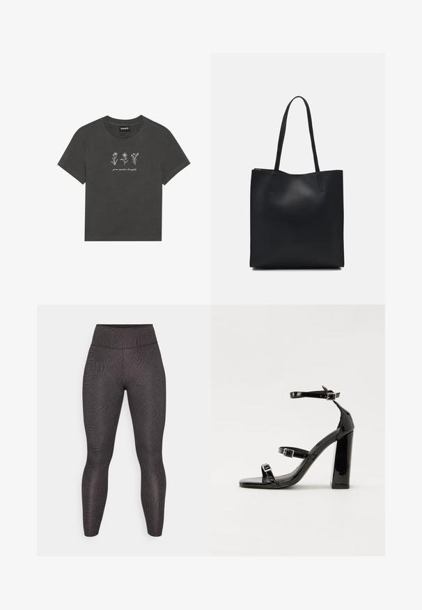 Charcoal šedé tričko vyrobené z jemné bavlny, s bílými vyšívanými květinami a textem "roste pozitivní myšlenky" pod designem.; Černé legíny s texturovaným vzorem obsahujícím spirály a čáry, vysokým pasem a těsným střihem, který sahá až ke kotníkům.; Černé lakované sandály na podpatku se čtveratou špičkou, lýtkovými pásky a stříbrnými přezkami. Disponují masivním blokovým podpatkem pro stabilitu.; Černá kožená taška přes rameno s hladkým povrchem, obdélníkovým tvarem a dvěma dlouhými uchy. Žádné viditelné kování ani ozdoby.