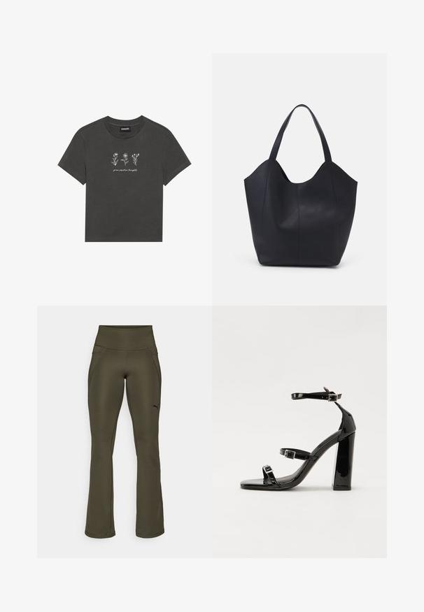 T-shirt gris charbon en coton doux, avec des fleurs brodées blanches et le texte "cultivez des pensées positives" en dessous du motif.; Pantalons de sport vert olive avec une taille haute, texture lisse, jambes évasées et un logo discret sur le côté gauche. Dotés de deux poches latérales.; Sandales à talons vernies noires avec un bout carré, des sangles autour de la cheville et des boucles en argent. Dotées d'un talon bloc épais pour plus de stabilité.; Sac fourre-tout noir en cuir lisse, doté d'un haut ouvert et courbé avec deux brides d'épaule et un design minimaliste.