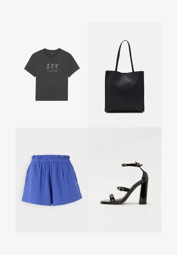 Charcoal gray T-shirt made of soft cotton, featuring white embroidered flowers and the text "grow positive thoughts" below the design.; Blue cotton shorts with a gathered waistband and side pockets, featuring a textured fabric and a relaxed fit.; Black patent heeled sandals with a square toe, ankle straps, and silver buckles. Features a chunky block heel for stability.; Black leather tote bag with smooth texture, rectangular shape, and two long handles. No visible hardware or embellishments.