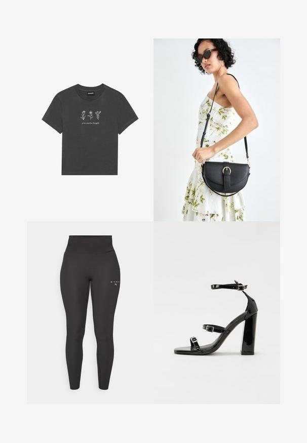 T-maica v ogljeno sivi barvi, izdelana iz mehkega bombaža, z belimi vezenimi rožami in napisom "goji pozitivne misli" pod dizajnom.; Črne športne legice iz raztegljivega materiala, z visokim pasom in subtilnim logotipom na levi nogi. Gladka tekstura.; Črne lakaste sandale z visokimi petami, z dvema trakovoma z zaponkama, kvadratnim sprednjim delom in masivno širšo peto, z gladko, sijočo teksturo.; Črna usnjena torbica s ukrivljeno obliko, z odstranljivo naramnico in zlatimi dodatki. Torbica ima pokrov s podrobnostmi v obliki zaponke.