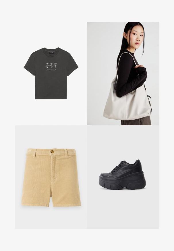 Anthrazitgraues T-Shirt aus weicher Baumwolle, verziert mit weißen bestickten Blumen und dem Text "positive Gedanken fördern" unter dem Design.; Khaki Corduroy-Shorts mit einem strukturierten Rippmuster, mit einem Knopfverschluss vorne und zwei seitlichen Taschen. Klassisches Design mit geradem Schnitt.; Schwarze Schnürsneaker mit einer klobigen Sohle, ausgestattet mit einem glatten Leder-Obermaterial, runder Zehenpartie und markantem, geschichteten Plattformdesign.; Beige Handtasche aus weichem Material, mit einem lässigen Design, gesteppten Details und zwei Schulterriemen. Geeignet für den täglichen Gebrauch.