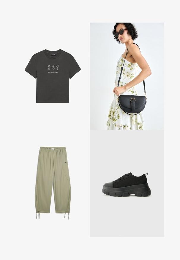 Anthrazitgraues T-Shirt aus weicher Baumwolle, verziert mit weißen bestickten Blumen und dem Text "positive Gedanken fördern" unter dem Design.; Helle olivgrüne Hose aus leichtem Stoff, mit einem elastischen Bund und verstellbaren Bündchen, sowie einem kleinen schwarzen Logo an der Seite.; Schwarze Sneakers mit einer dicken Gummisohle, strukturiertem Obermaterial, runder Zehenpartie und Schnürdesign. Verfügt über verstärkte Ösen und eine Schlaufe an der Rückseite.; Schwarze Lederhandtasche mit geschwungener Form, abnehmbarem Tragegurt und goldenen Beschlägen. Die Tasche verfügt über einen Deckel mit einer Schnallen-Details.
